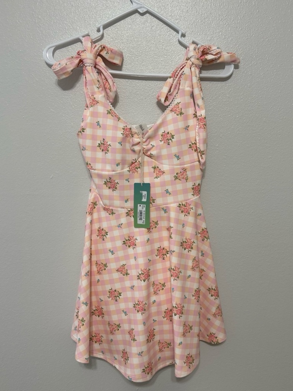 Pink Gingham Floral Tie-Shoulder Sundress